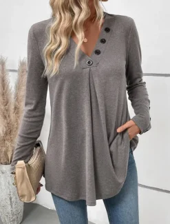 Hot Women's Tunic Long Sleeve V Neck Buttons Spring Fall Winter Women Tunic Tops