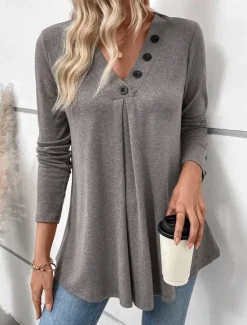 Hot Women's Tunic Long Sleeve V Neck Buttons Spring Fall Winter Women Tunic Tops