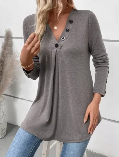 Hot Women's Tunic Long Sleeve V Neck Buttons Spring Fall Winter Women Tunic Tops