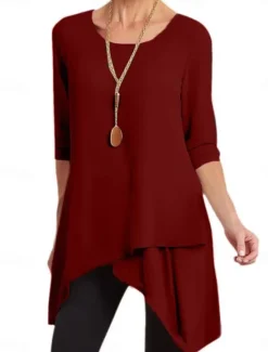 Best Women's Tunic Long Sleeve Crew Neck Red Blue Khaki Spring Fall Women Tunic Tops