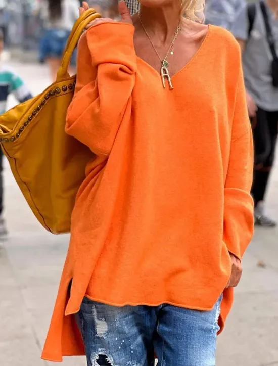 Outlet Women's Tunic Oversized Sweatshirt Pullover Sports Basic Neon & Bright Plain Street Casual V Neck Loose Fit Long Sleeve Black Pink Orange Gray Fall & Winter Prefall Women Tunic Tops