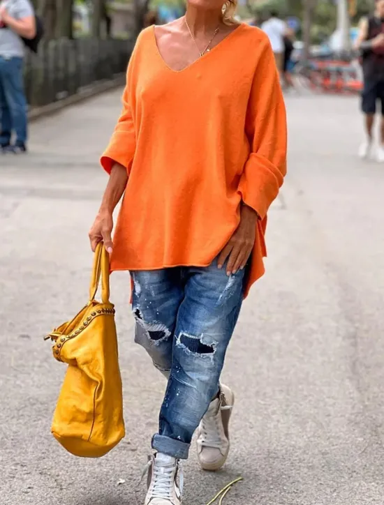 Outlet Women's Tunic Oversized Sweatshirt Pullover Sports Basic Neon & Bright Plain Street Casual V Neck Loose Fit Long Sleeve Black Pink Orange Gray Fall & Winter Prefall Women Tunic Tops
