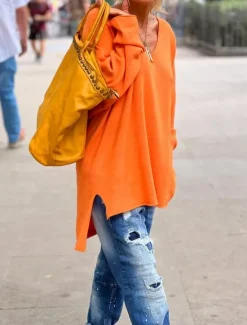 Outlet Women's Tunic Oversized Sweatshirt Pullover Sports Basic Neon & Bright Plain Street Casual V Neck Loose Fit Long Sleeve Black Pink Orange Gray Fall & Winter Prefall Women Tunic Tops