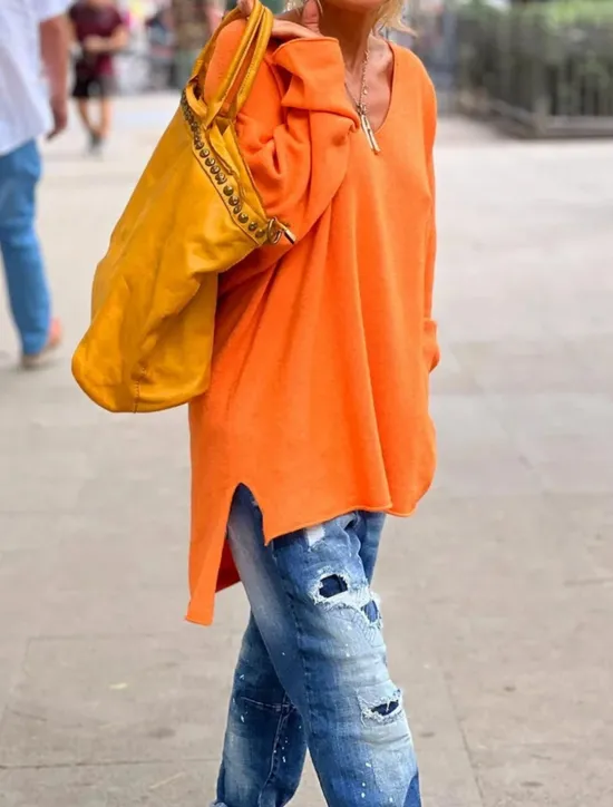 Outlet Women's Tunic Oversized Sweatshirt Pullover Sports Basic Neon & Bright Plain Street Casual V Neck Loose Fit Long Sleeve Black Pink Orange Gray Fall & Winter Prefall Women Tunic Tops