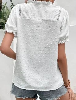 Sale Women's Tunic Plain Daily Stylish Short Sleeve Puff Sleeve V Neck Regular Tops Vacation Daily Lace Summer Spring Fall Women Lace Tops