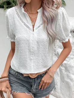 Sale Women's Tunic Plain Daily Stylish Short Sleeve Puff Sleeve V Neck Regular Tops Vacation Daily Lace Summer Spring Fall Women Lace Tops