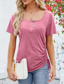 New Women's Tunic Plain Fashion Short Sleeve Square Neck Regular Tops Vacation Daily Lace Black Pink Red Summer Women T-Shirts