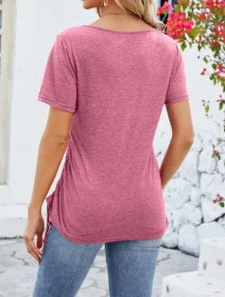 New Women's Tunic Plain Fashion Short Sleeve Square Neck Regular Tops Vacation Daily Lace Black Pink Red Summer Women T-Shirts