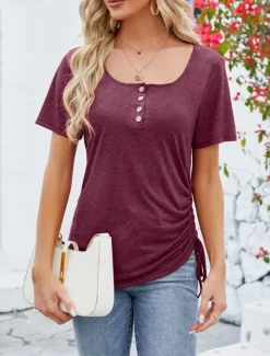 New Women's Tunic Plain Fashion Short Sleeve Square Neck Regular Tops Vacation Daily Lace Black Pink Red Summer Women T-Shirts