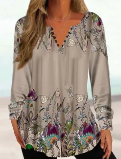 Women's Tunic Shirt Henley Shirt Blouse Tunic Basic Floral Buttons Print Long Sleeve Regular Tops Round Neck Casual Holiday Blue Fuchsia Brown Khaki Spring Fall Prefall Women Tunic Tops