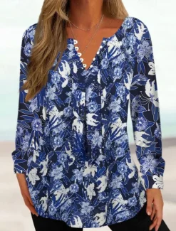 Women's Tunic Shirt Henley Shirt Blouse Tunic Basic Floral Buttons Print Long Sleeve Regular Tops Round Neck Casual Holiday Blue Fuchsia Brown Khaki Spring Fall Prefall Women Tunic Tops