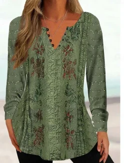 Outlet Women's Tunic Shirt Henley Shirt Blouse Tunic Basic Floral Buttons Print Long Sleeve Regular Tops Round Neck Casual Holiday Yellow Pink Green Gray Light Blue Spring & Fall Prefall Women Tunic Tops