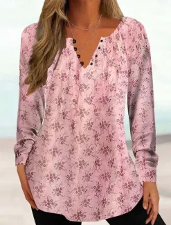 Outlet Women's Tunic Shirt Henley Shirt Blouse Tunic Basic Floral Buttons Print Long Sleeve Regular Tops Round Neck Casual Holiday Yellow Pink Green Gray Light Blue Spring & Fall Prefall Women Tunic Tops