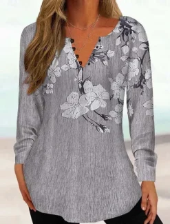 Outlet Women's Tunic Shirt Henley Shirt Blouse Tunic Basic Floral Buttons Print Long Sleeve Regular Tops Round Neck Casual Holiday Yellow Pink Green Gray Light Blue Spring & Fall Prefall Women Tunic Tops