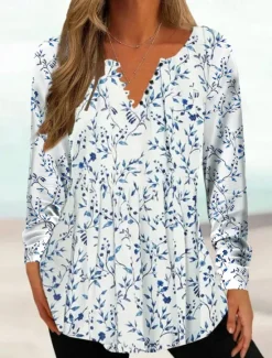 Outlet Women's Tunic Shirt Henley Shirt Blouse Tunic Basic Floral Buttons Print Long Sleeve Regular Tops Round Neck Casual Holiday Yellow Pink Green Gray Light Blue Spring & Fall Prefall Women Tunic Tops