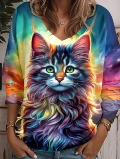 Sale Women's Tunic T Shirt Animal Cat Fashion Funny Long Sleeve V Neck Regular Tops Daily Weekend Print Yellow Blue Purple Green Light Blue Spring & Fall Women Tunic Tops