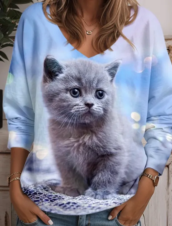 Sale Women's Tunic T Shirt Animal Cat Fashion Funny Long Sleeve V Neck Regular Tops Daily Weekend Print Yellow Blue Purple Green Light Blue Spring & Fall Women Tunic Tops