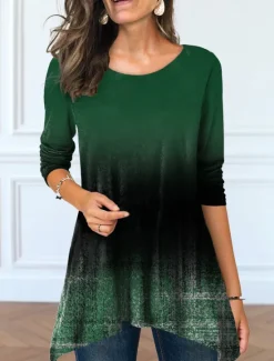 Discount Women's Tunic T Shirt Color Gradient Tunic Basic Long Sleeve Round Neck Long Tops Casual Weekend Print Flowing tunic Pink Blue Purple Green Light Blue Fall & Winter Prefall Women Tunic Tops