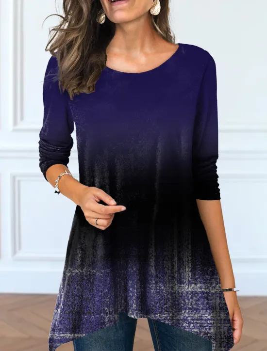 Discount Women's Tunic T Shirt Color Gradient Tunic Basic Long Sleeve Round Neck Long Tops Casual Weekend Print Flowing tunic Pink Blue Purple Green Light Blue Fall & Winter Prefall Women Tunic Tops