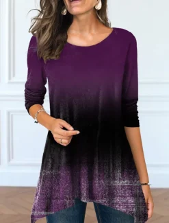 Discount Women's Tunic T Shirt Color Gradient Tunic Basic Long Sleeve Round Neck Long Tops Casual Weekend Print Flowing tunic Pink Blue Purple Green Light Blue Fall & Winter Prefall Women Tunic Tops