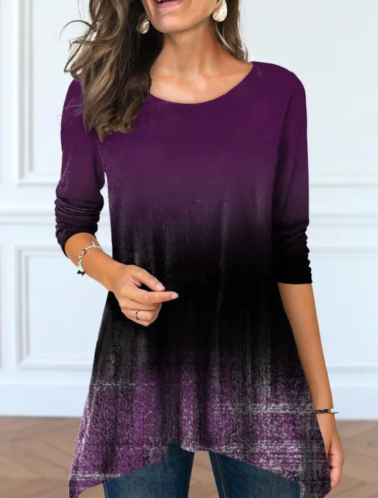 Discount Women's Tunic T Shirt Color Gradient Tunic Basic Long Sleeve Round Neck Long Tops Casual Weekend Print Flowing tunic Pink Blue Purple Green Light Blue Fall & Winter Prefall Women Tunic Tops