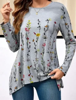 Hot Women's Tunic T Shirt Floral Casual Long Sleeve Crew Neck Regular Tops Daily Print Asymmetrical Spring & Fall Women Tunic Tops