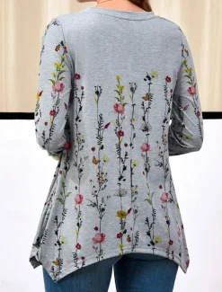 Hot Women's Tunic T Shirt Floral Casual Long Sleeve Crew Neck Regular Tops Daily Print Asymmetrical Spring & Fall Women Tunic Tops