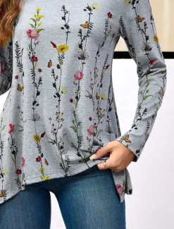 Hot Women's Tunic T Shirt Floral Casual Long Sleeve Crew Neck Regular Tops Daily Print Asymmetrical Spring & Fall Women Tunic Tops