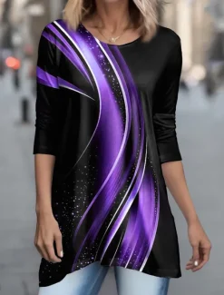 Outlet Women's Tunic T Shirt Geometric Basic Long Sleeve Round Neck Long Tops Daily Weekend Print Flowing tunic Pink Blue Purple Green Gray Spring & Fall Women Tunic Tops