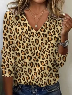 Online Women's Tunic T Shirt Graphic Leopard Color Block Vintage Stylish Casual Long Sleeve V Neck Regular Tops Daily Sports Weekend Print Blue Khaki Fall Women Women's Tops|Tunic Tops