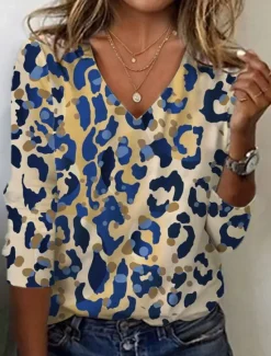 Online Women's Tunic T Shirt Graphic Leopard Color Block Vintage Stylish Casual Long Sleeve V Neck Regular Tops Daily Sports Weekend Print Blue Khaki Fall Women Women's Tops|Tunic Tops