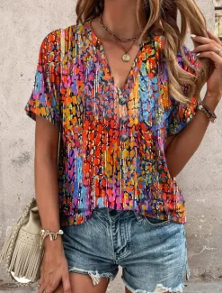 Women's Tunic T Shirt Graphic Vintage Short Sleeve V Neck Regular Tops Daily Print Pink Blue Green Summer Women Boho Tops