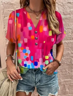 Women's Tunic T Shirt Graphic Vintage Short Sleeve V Neck Regular Tops Daily Print Pink Blue Green Summer Women Boho Tops