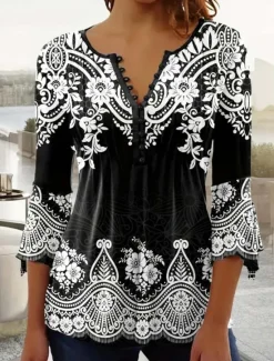Clearance Women's Tunic T Shirt Graphic Elegant Vintage 3/4 Length Sleeve Notched Neck Regular Tops Daily Going out Ruffle Buttons Spring Fall Women Boho Tops