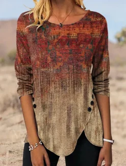 Best Women's Tunic T Shirt Graphic Vintage Tunic Ethnic Long Sleeve Round Neck Regular Tops Holiday Weekend Print Maroon Blue Green Gray Fall & Winter Women Tunic Tops|Boho Tops