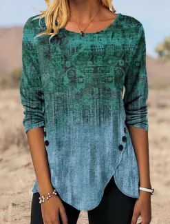 Best Women's Tunic T Shirt Graphic Vintage Tunic Ethnic Long Sleeve Round Neck Regular Tops Holiday Weekend Print Maroon Blue Green Gray Fall & Winter Women Tunic Tops|Boho Tops