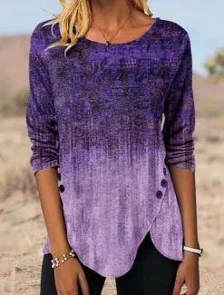 Best Women's Tunic T Shirt Graphic Vintage Tunic Ethnic Long Sleeve Round Neck Regular Tops Holiday Weekend Print Maroon Blue Green Gray Fall & Winter Women Tunic Tops|Boho Tops