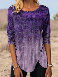 Best Women's Tunic T Shirt Graphic Vintage Tunic Ethnic Long Sleeve Round Neck Regular Tops Holiday Weekend Print Maroon Blue Green Gray Fall & Winter Women Tunic Tops|Boho Tops