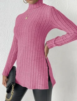 Discount Women's Tunic T Shirt Plain Fashion Modern Casual Long Sleeve Turtleneck Regular Tops Daily Weekend Sky Blue Fuchsia Brown Gray Fall Winter Women Tunic Tops