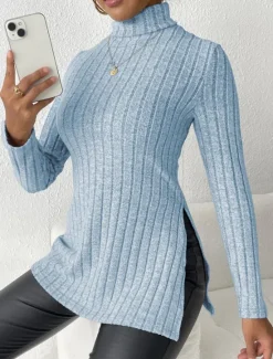 Discount Women's Tunic T Shirt Plain Fashion Modern Casual Long Sleeve Turtleneck Regular Tops Daily Weekend Sky Blue Fuchsia Brown Gray Fall Winter Women Tunic Tops