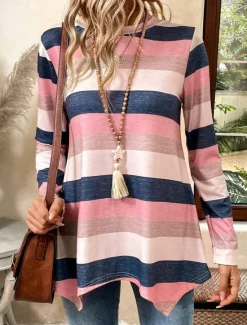 Discount Women's Tunic T Shirt Striped Casual Long Sleeve Crew Neck Regular Tops Daily Print Asymmetrical Spring & Fall Women Tunic Tops
