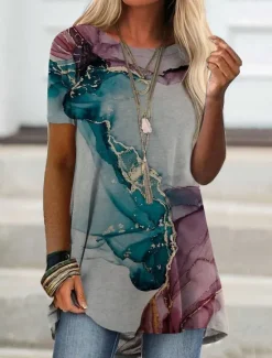 Discount Women's Tunic T Shirt Tie Dye Tunic Basic Short Sleeve Round Neck Long Tops Daily Print Spring, Fall, Winter, Summer Women Tunic Tops