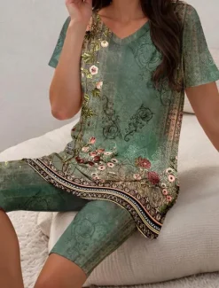 Clearance Women's Tunic Top V-Neck Floral Paisley Print Asymmetrical Hem Casual Bohemian Short Sleeve Spring Summer Versatile Clothing Apparel Women Sleepwear