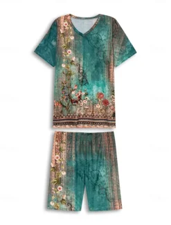 Clearance Women's Tunic Top V-Neck Floral Paisley Print Asymmetrical Hem Casual Bohemian Short Sleeve Spring Summer Versatile Clothing Apparel Women Sleepwear