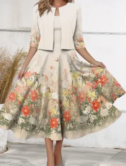 Outlet Women's Two Piece Dress Sets Midi Dress with Jacket Elegant A Line Dress Half Sleeve Casual Dress Chiffon Dress Swing Dress Floral Print V Neck Date Spring Regular Fit Women Spring Dresses