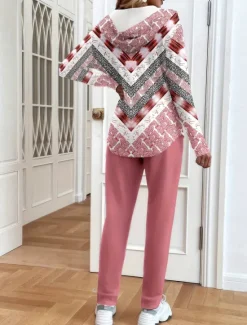 Discount Women's Two Pieces Set Active Daily Hoodie Tracksuit Pants Sets Long Sleeve V Neck Hooded Floral Graphic Drawstring Print Outdoor Casual Yellow Pink Green Fall Regular Fit Women Two Piece Sets