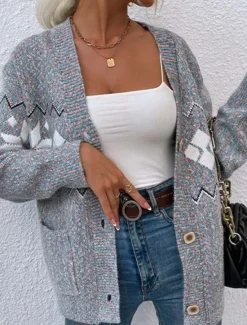 Best Women's Ugly Cardigan Open Front Knit Knitted Textured Fall Winter New Year Fashion Streetwear Daily Long Sleeve Snowflake Pink Light Grey Women Ugly Sweater|Cardigans & Outerwears