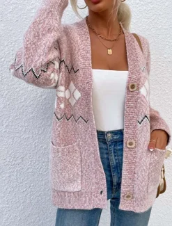 Best Women's Ugly Cardigan Open Front Knit Knitted Textured Fall Winter New Year Fashion Streetwear Daily Long Sleeve Snowflake Pink Light Grey Women Ugly Sweater|Cardigans & Outerwears