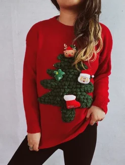 Discount Women's Ugly Sweater Sweaters Crew Neck Ribbed Knit Knitted Fall Winter Outdoor Casual Soft Long Sleeve Tree Black Red Women Pullovers & Tops|Ugly Sweater