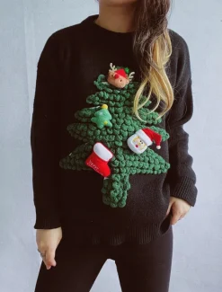 Discount Women's Ugly Sweater Sweaters Crew Neck Ribbed Knit Knitted Fall Winter Outdoor Casual Soft Long Sleeve Tree Black Red Women Pullovers & Tops|Ugly Sweater